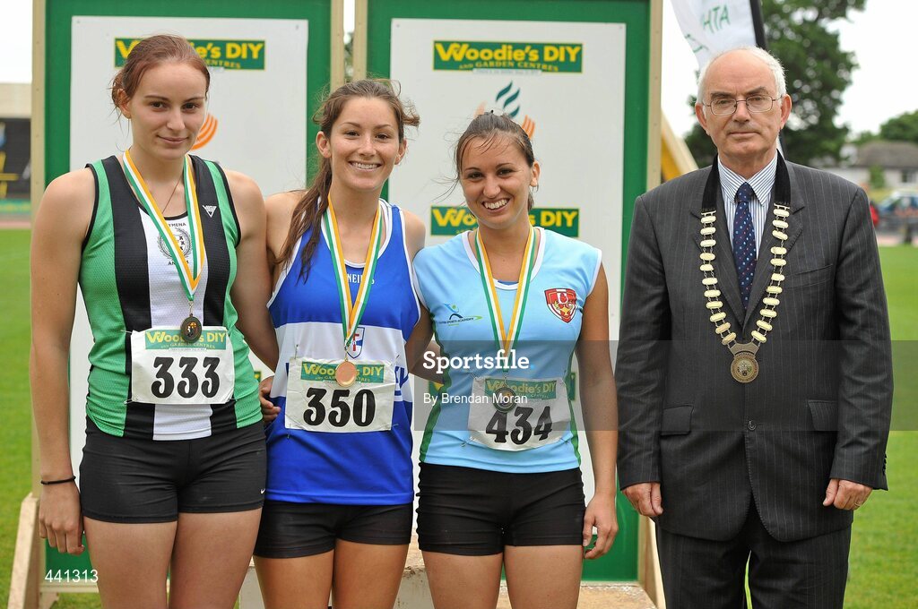 10 July 2010; The Pole Vault medallists, from left, Claire Wilkinson, Ballymena & Antrim AC, Tori Pena, Finn Valley AC, and Sarah Semeraro, University of Ulster AC, with Liam Hennessy, President of Athletics Ireland, at the Woodie's DIY AAI Senior Track & Field Championships. Morton Stadium, Santry, Dublin. Picture credit: Brendan Moran / SPORTSFILE