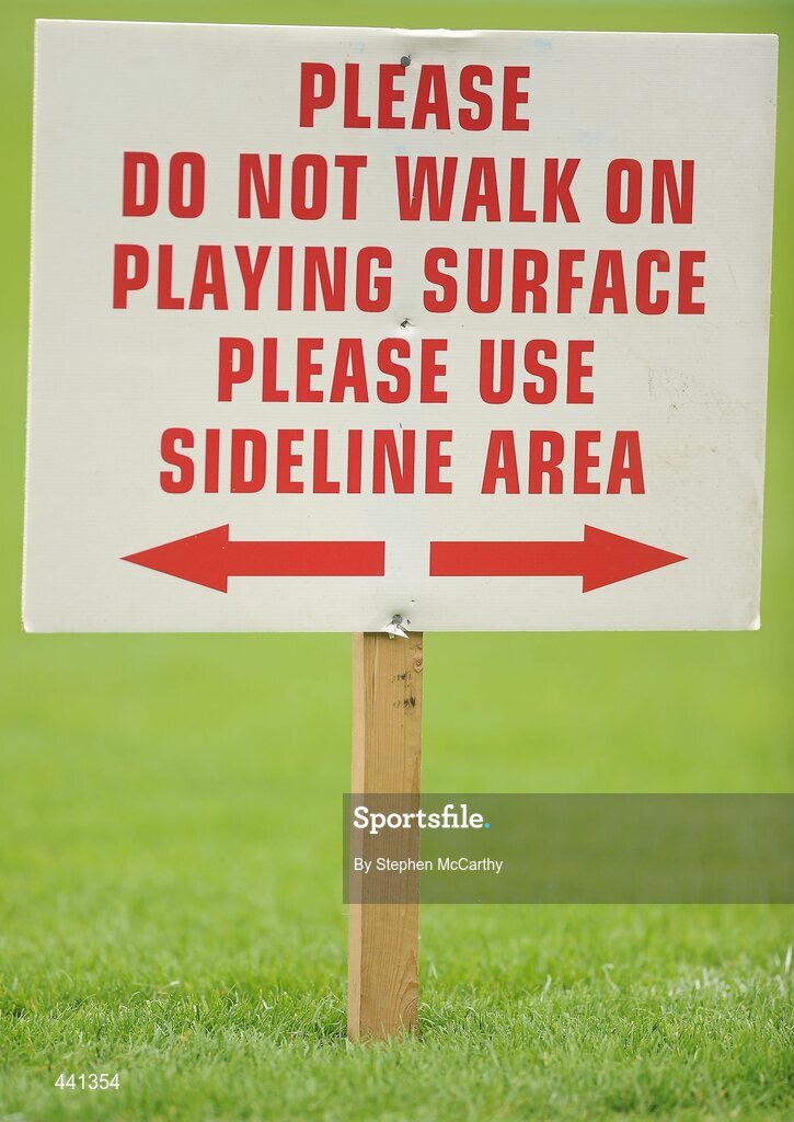 11 July 2010; A sign asking patrons to avoid walking on the pitch is seen ahead of the game. Munster GAA Hurling Senior Championship Final, Cork v Waterford, Semple Stadium, Thurles, Co. Tipperary. Picture credit: Stephen McCarthy / SPORTSFILE