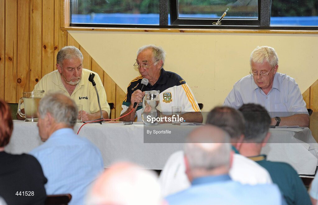 12 July 2010; Meath County board chairman Barney Allen speaking at a Meath County Board meeting to discuss yesterday's controversial Leinster GAA Football Championship Final victory over Louth, alongside, county board vice-chairman Eugene Comaskey, left, and county secetary Cyril Creavin. Teach na Teamhrach, Trim Road, Navan, Co. Meath. Photo by Sportsfile