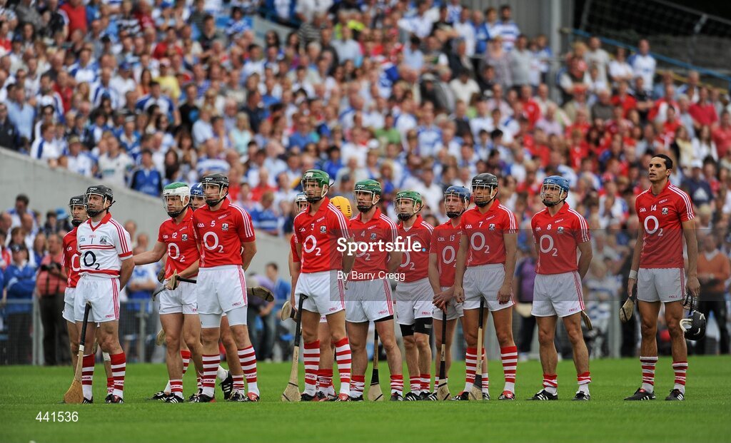 11 July 2010; The Cork team stand for the national anthem. Munster GAA Hurling Senior Championship Final, Cork v Waterford, Semple Stadium, Thurles, Co. Tipperary. Picture credit: Barry Cregg / SPORTSFILE
