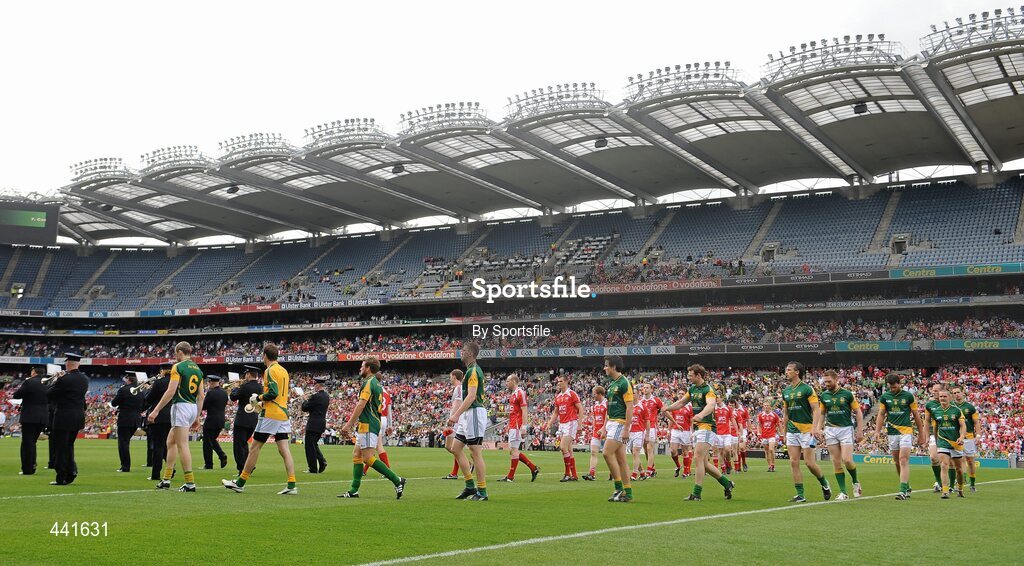 11 July 2010; The Louth and Meath teams during the pre-match parade. Leinster GAA Football Senior Championship Final, Meath v Louth, Croke Park, Dublin. Photo by Sportsfile