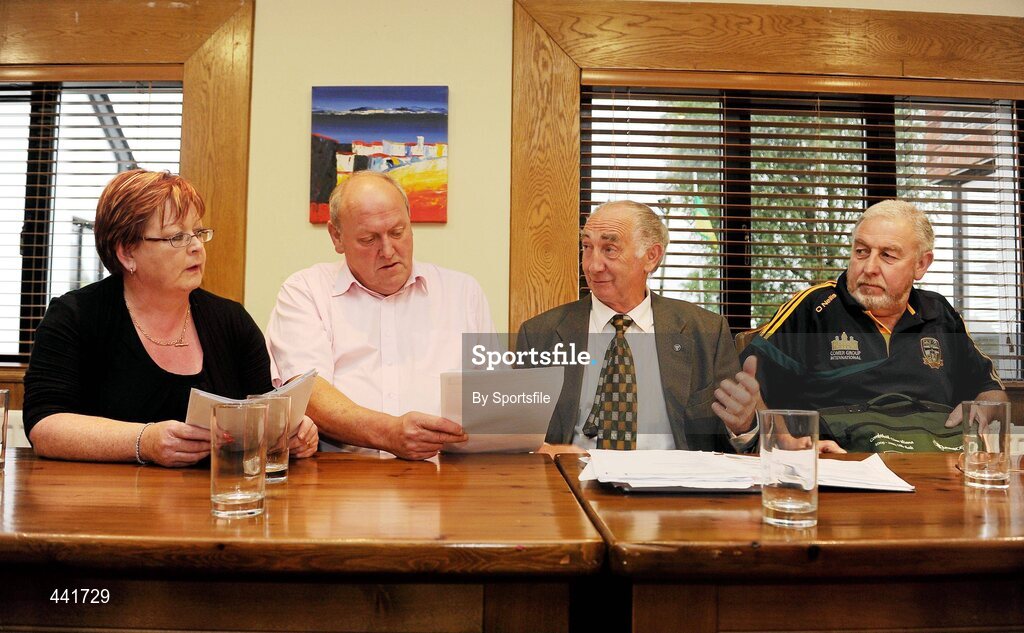 13 July 2010; Meath PRO Ann McDonnell with Cathal Seoige, Irish Officer, Meath County Board chairman Barney Allen, 2nd from right, and Meath County Board vice-chairman Eugene Comaskey, right, prior to the Meath County Board press conference. Teach na Teamhrach, Trim Road, Navan, Co. Meath. Photo by Sportsfile
