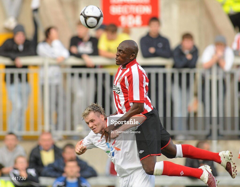 13 July 2010; Nyron Nosworthy, Sunderland, in action against John Tierney, Munster XI. Friendly in Aid of Shane Geoghegan Trust, Munster XI v Sunderland AFC, Thomond Park, Limerick. Picture credit: Diarmuid Greene / SPORTSFILE