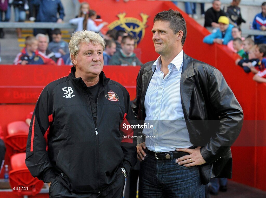 13 July 2010; Sunderland manager Steve Bruce, left, with Chairman Niall Quinn at half-time. Friendly in Aid of Shane Geoghegan Trust, Munster XI v Sunderland AFC, Thomond Park, Limerick. Picture credit: Diarmuid Greene / SPORTSFILE