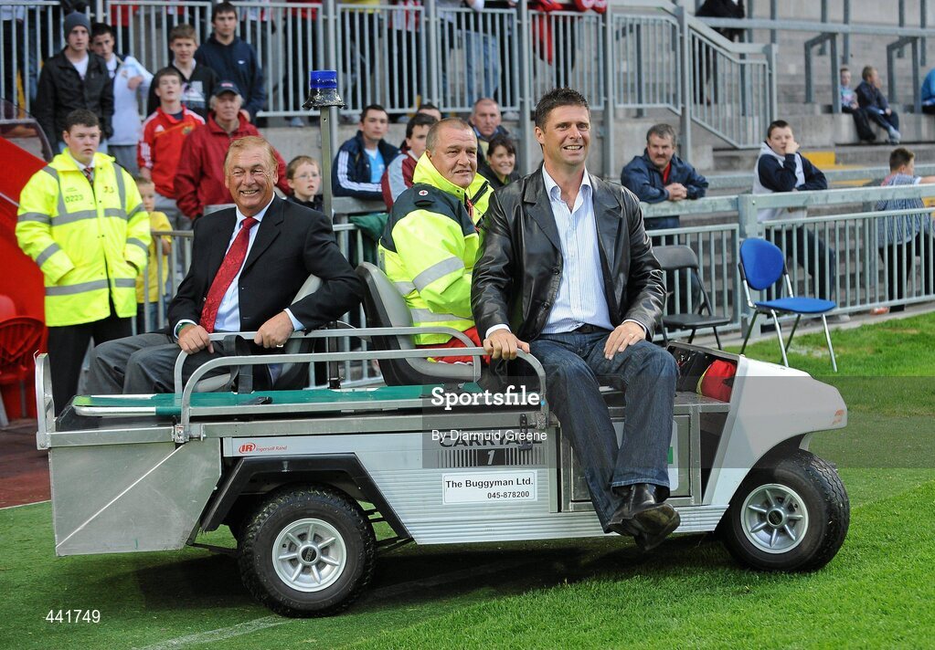 13 July 2010; Sunderland chairman Niall Quinn, right, and golf legend Christy O'Connor Junior, left, at half time. Friendly in Aid of Shane Geoghegan Trust, Munster XI v Sunderland AFC, Thomond Park, Limerick. Picture credit: Diarmuid Greene / SPORTSFILE