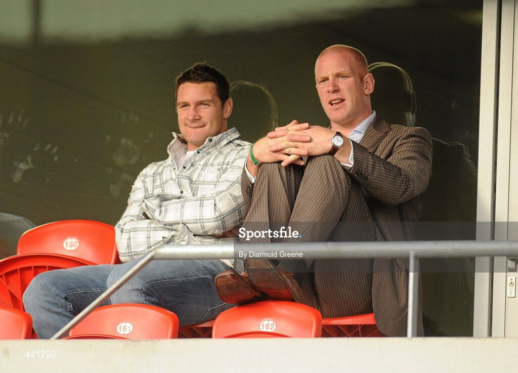 13 July 2010; Munster and Ireland rugby players David Wallace, left, and Paul O'Connell watch on during the game. Friendly in Aid of Shane Geoghegan Trust, Munster XI v Sunderland AFC, Thomond Park, Limerick. Picture credit: Diarmuid Greene / SPORTSFILE