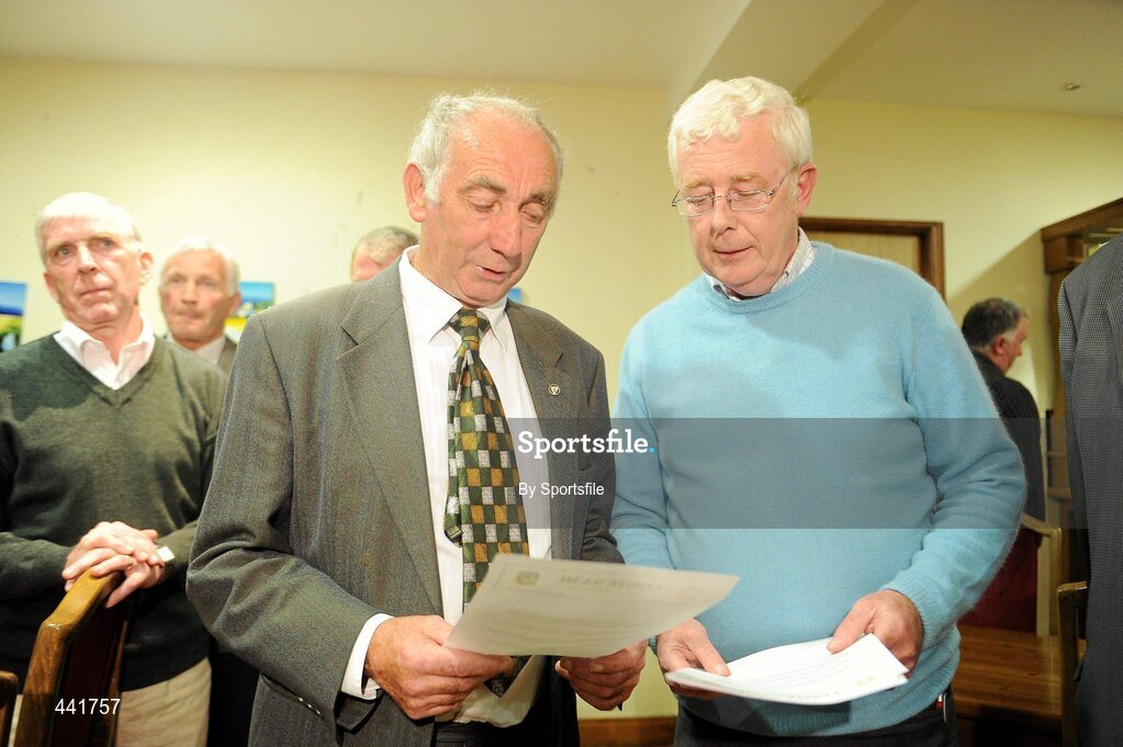 13 July 2010; Meath County Board chairman Barney Allen, left, and county secetary Cyril Creavin pictured after the Meath County Board press conference with the statment they released. Teach na Teamhrach, Trim Road, Navan, Co. Meath. Photo by Sportsfile