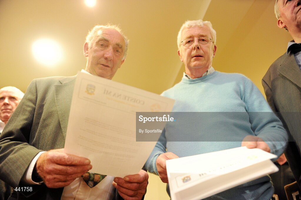 13 July 2010; Meath County Board chairman Barney Allen, left, and county secetary Cyril Creavin pictured after the Meath County Board press conference with the statment they released. Teach na Teamhrach, Trim Road, Navan, Co. Meath. Photo by Sportsfile