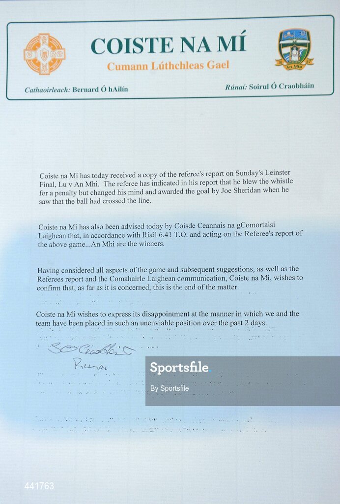 13 July 2010; The statement that was released by the Meath County Board. Teach na Teamhrach, Trim Road, Navan, Co. Meath. Photo by Sportsfile