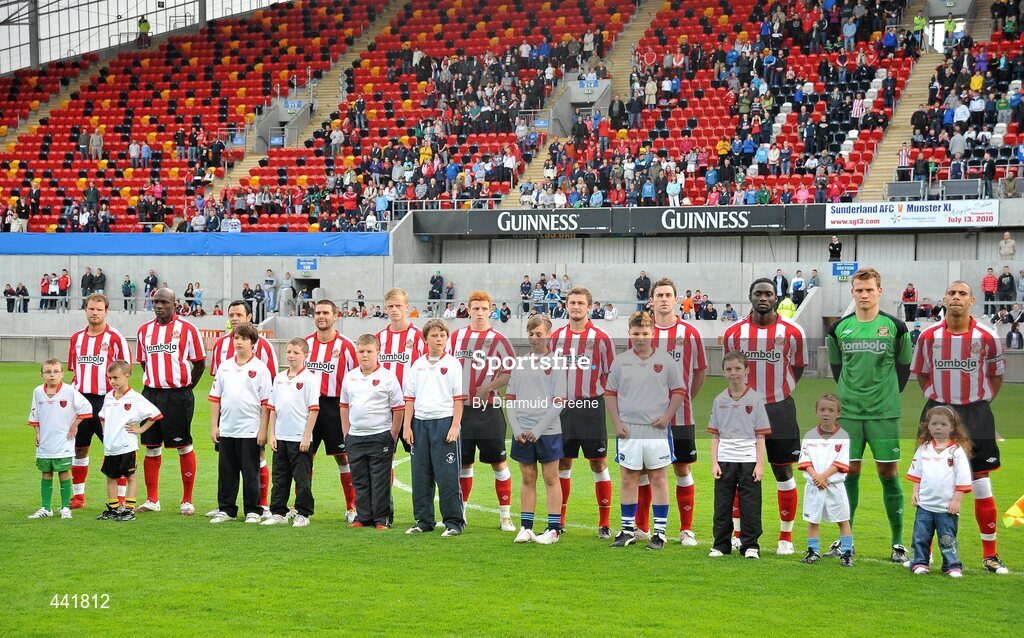 13 July 2010; Sunderland players stand with their mascots before the game. Friendly in Aid of Shane Geoghegan Trust, Munster XI v Sunderland AFC, Thomond Park, Limerick. Picture credit: Diarmuid Greene / SPORTSFILE