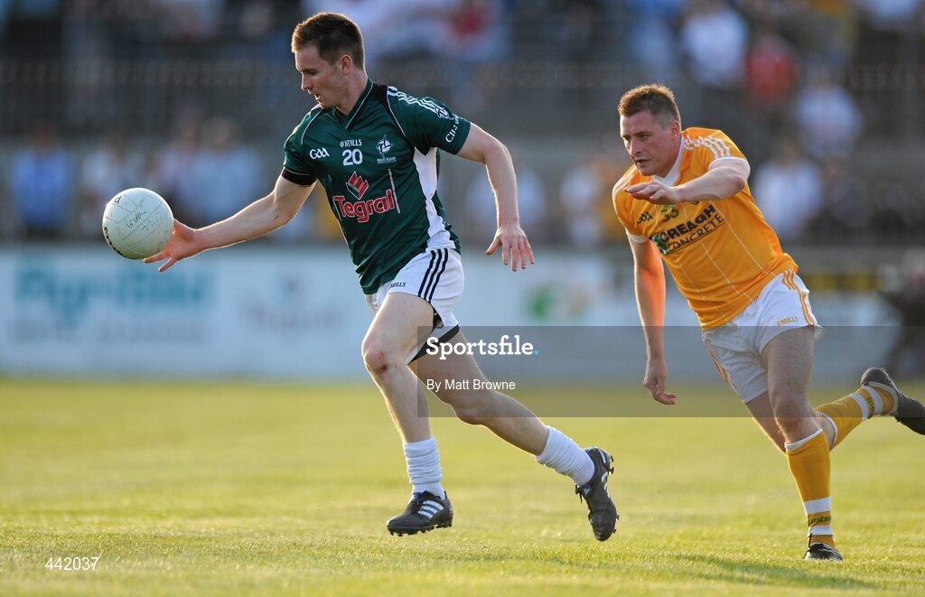 26 June 2010; Eoghan O'Flaherty, Kildare, in action against Kieran McGourty, Antrim. GAA Football All-Ireland Senior Championship Qualifier Round 1, Kildare v Antrim, St Conleth's Park, Newbridge, Co. Kildare. Picture credit: Matt Browne / SPORTSFILE