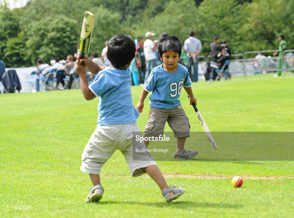 15 July 2010; Three-year old twins and Bangladesh supporters Salin and Sabin Mohamed, born in and living in Killarney, Co. Kerry, practising their Cricket during the break for lunch . RSA ODI Series, Ireland v Bangladesh, Stormont, Belfast, Co. Antrim. Picture credit: Oliver McVeigh / SPORTSFILE