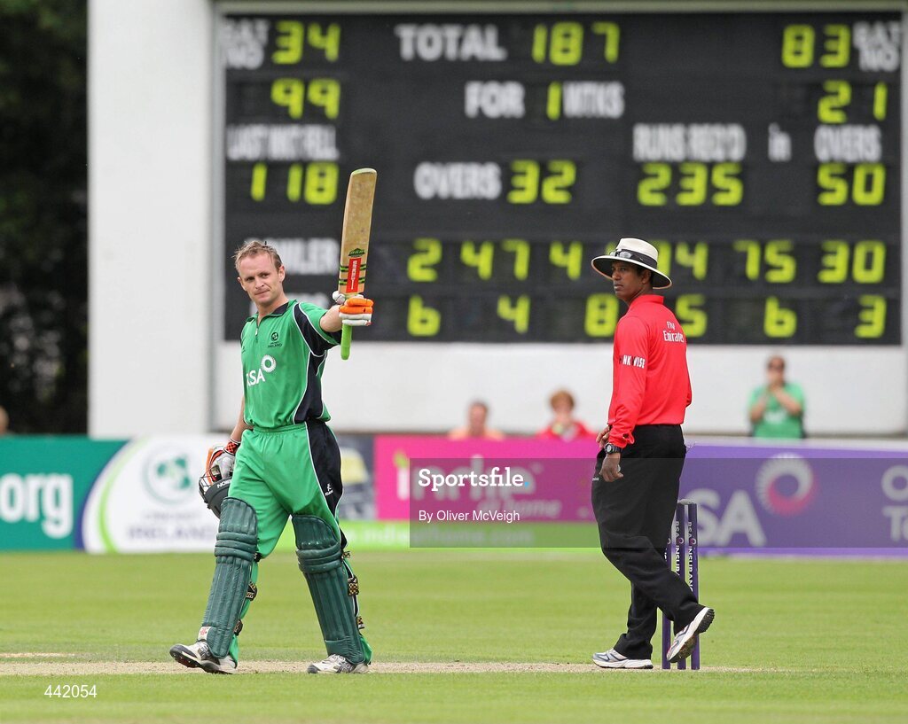 15 July 2010; Ireland captain William Porterfield celebrates his century of runs after a single. RSA ODI Series, Ireland v Bangladesh, Stormont, Belfast, Co. Antrim. Picture credit: Oliver McVeigh / SPORTSFILE