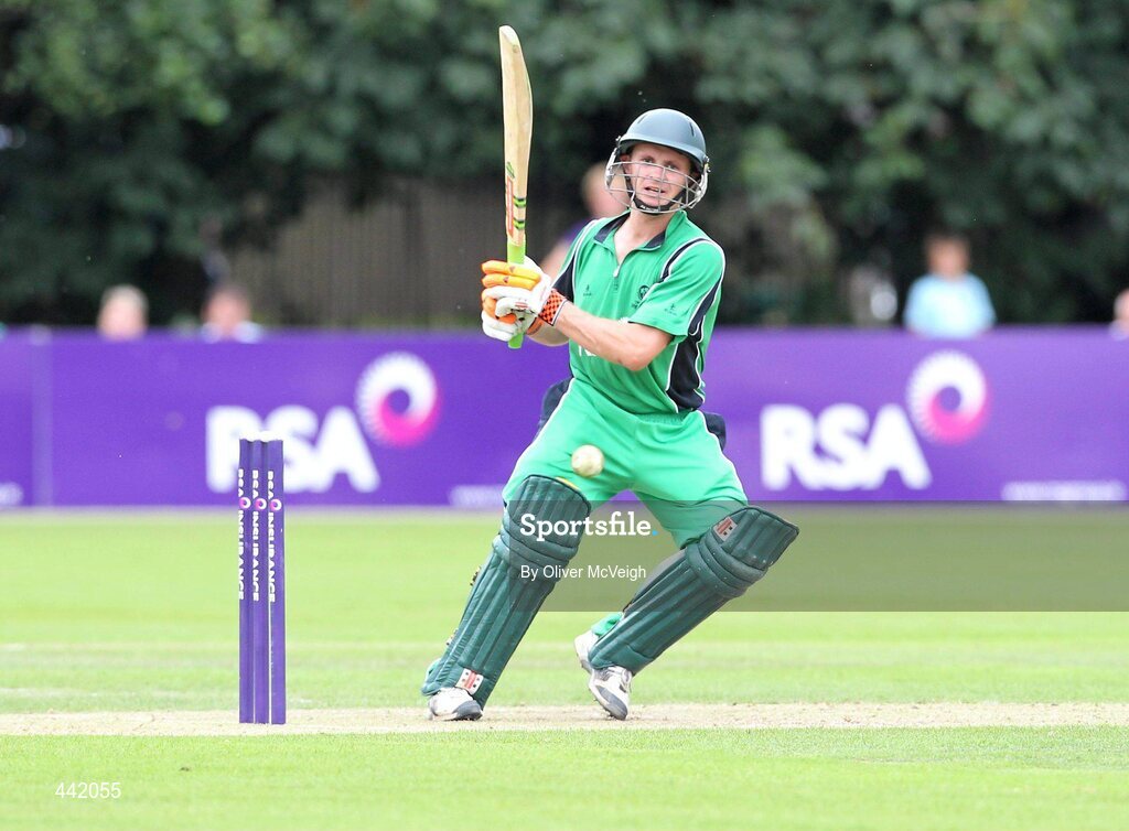 15 July 2010; Ireland captain William Porterfield hits a single before celebrating his century of runs . RSA ODI Series, Ireland v Bangladesh, Stormont, Belfast, Co. Antrim. Picture credit: Oliver McVeigh / SPORTSFILE