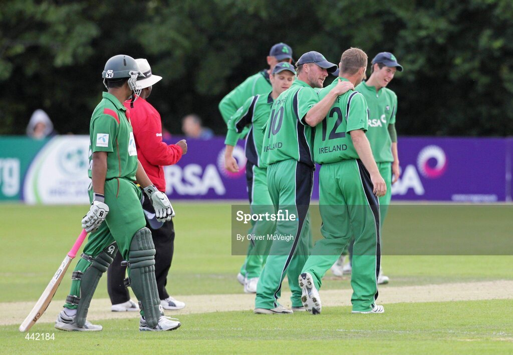 16 July 2010; Andrew White, Ireland, right, is congratulated by John Mooney after taking the third wicket. RSA ODI Series, Ireland v Bangladesh, Stormont, Belfast, Co. Antrim. Picture credit: Oliver McVeigh / SPORTSFILE