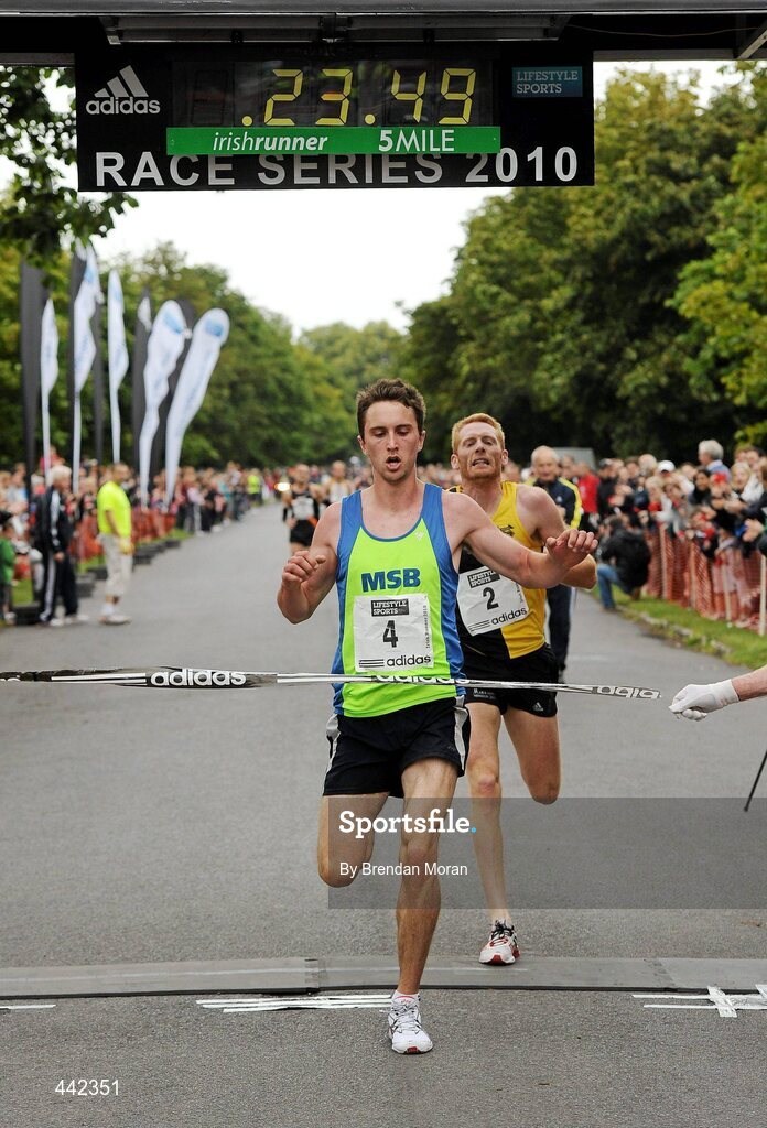 17 July 2010; John Coghlan, Metro St Brigid's, Dublin, beats Brian Maher, Kilkenny City Harriers, to win the Lifestyle Sports - adidas Irish Runner 5 Mile Race. The Phoenix Park, Dublin. Picture credit: Brendan Moran / SPORTSFILE