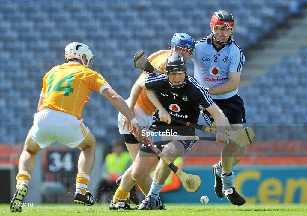 17 July 2010; Gary Maguire and Niall Corcoran, right, Dublin, in action against Liam Watson, left, and Karl McKeegan, Antrim. GAA Hurling All-Ireland Senior Championship Phase 3, Dublin v Antrim, Croke Park, Dublin. Picture credit: Brian Lawless / SPORTSFILE