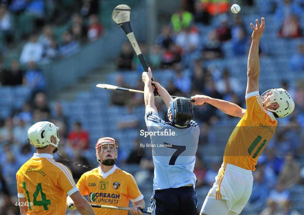 17 July 2010; Neil McManus, right, Liam Watson, left, and PJ O'Connell, Antrim, in action against Maurice O'Brien, Dublin. GAA Hurling All-Ireland Senior Championship Phase 3, Dublin v Antrim, Croke Park, Dublin. Picture credit: Brian Lawless / SPORTSFILE