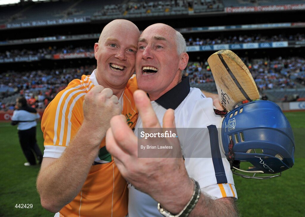 17 July 2010; Antrim manager Dinny Cahill celebrates with Karl McKeegan after the match. GAA Hurling All-Ireland Senior Championship Phase 3, Dublin v Antrim, Croke Park, Dublin. Picture credit: Brian Lawless / SPORTSFILE