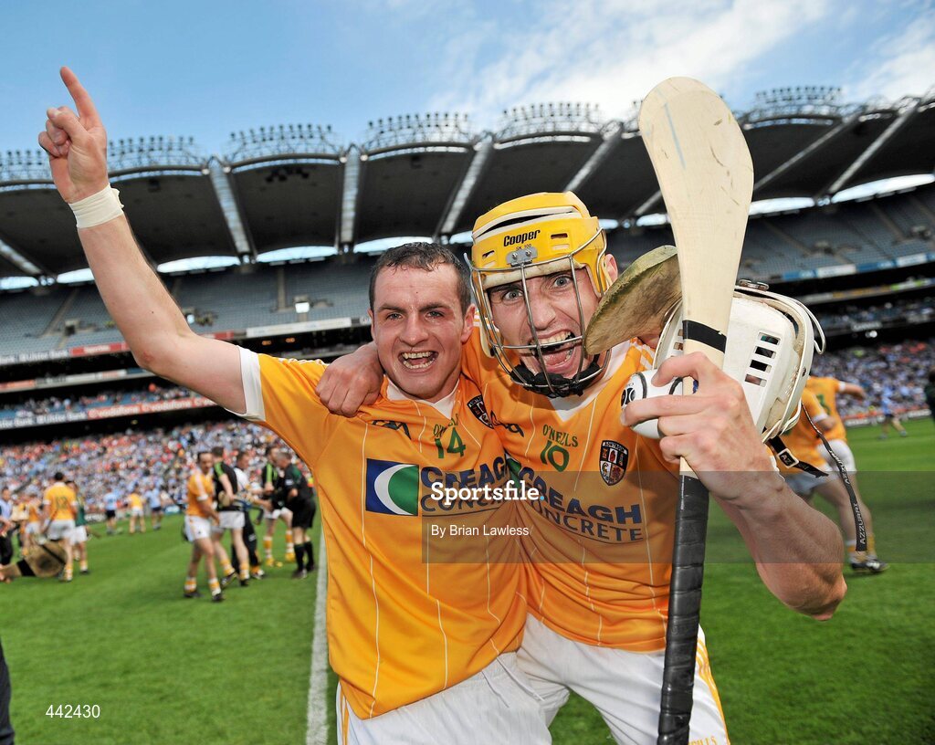 17 July 2010; Antrim's Liam Watson, left, celebrates with team-mate Simon McCrory after the game. GAA Hurling All-Ireland Senior Championship Phase 3, Dublin v Antrim, Croke Park, Dublin. Picture credit: Brian Lawless / SPORTSFILE
