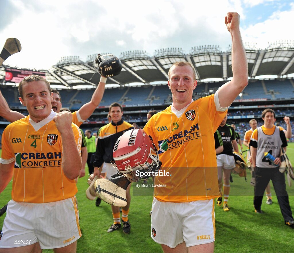 17 July 2010; Antrim goalscorer PJ O'Connell, right, and team-mate Seán Delargy celebrate after the match. GAA Hurling All-Ireland Senior Championship Phase 3, Dublin v Antrim, Croke Park, Dublin. Picture credit: Brian Lawless / SPORTSFILE