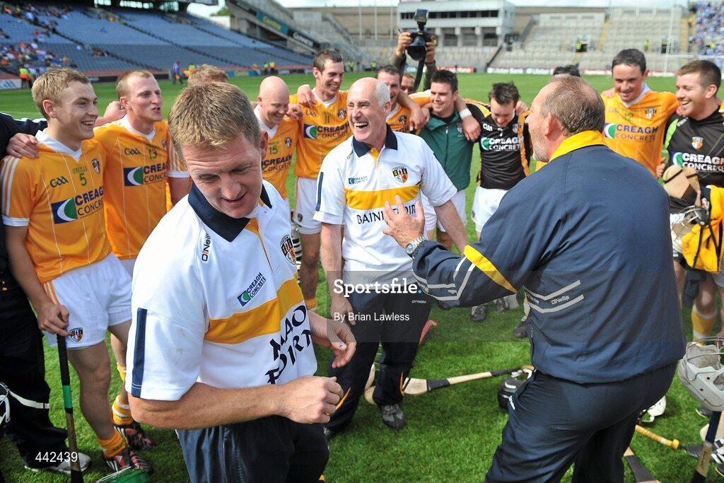 17 July 2010; Antrim manager Dinny Cahill, centre, celebrates with his team and backroom staff after the match. GAA Hurling All-Ireland Senior Championship Phase 3, Dublin v Antrim, Croke Park, Dublin. Picture credit: Brian Lawless / SPORTSFILE