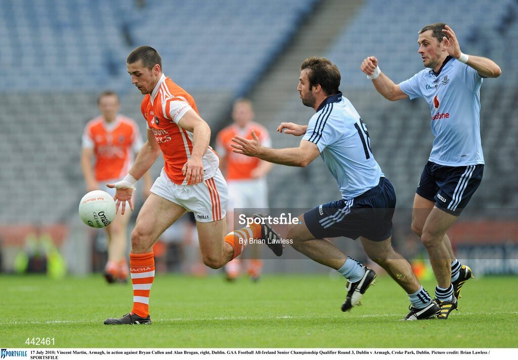 17 July 2010; Vincent Martin, Armagh, in action against Bryan Cullen and Alan Brogan, right, Dublin. GAA Football All-Ireland Senior Championship Qualifier Round 3, Dublin v Armagh, Croke Park, Dublin. Picture credit: Brian Lawless / SPORTSFILE