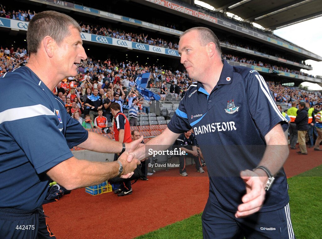 17 July 2010; Dublin manager Pat Gilroy, right, shakes hands with Armagh manager Paddy O'Rourke at the end of the game. GAA Football All-Ireland Senior Championship Qualifier Round 3, Dublin v Armagh, Croke Park, Dublin. Picture credit: David Maher / SPORTSFILE