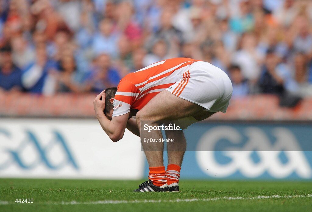 17 July 2010; Brian Mallon, Armagh, reacts after his shot was saved by Dublin's Philip McMahon. GAA Football All-Ireland Senior Championship Qualifier Round 3, Dublin v Armagh, Croke Park, Dublin. Picture credit: David Maher / SPORTSFILE