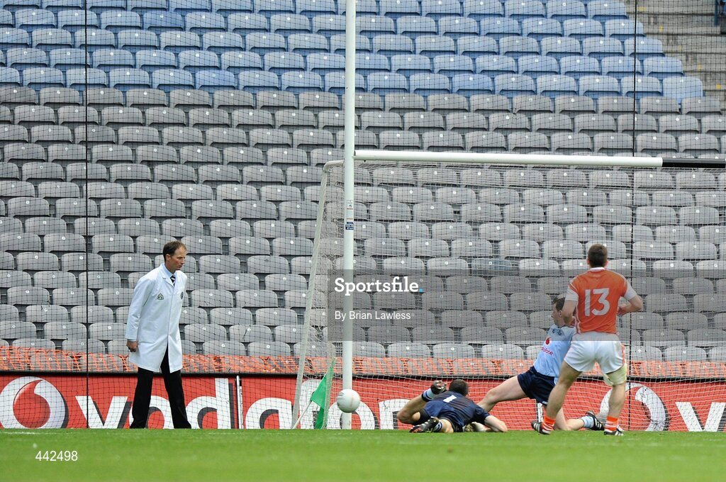 17 July 2010; Dublin defender Philip McMahon clears off the line after a shot from Brian Mallon, Armagh, had beaten Dublin goalkeeper Stephen Cluxton. GAA Football All-Ireland Senior Championship Qualifier Round 3, Dublin v Armagh, Croke Park, Dublin. Picture credit: Brian Lawless / SPORTSFILE