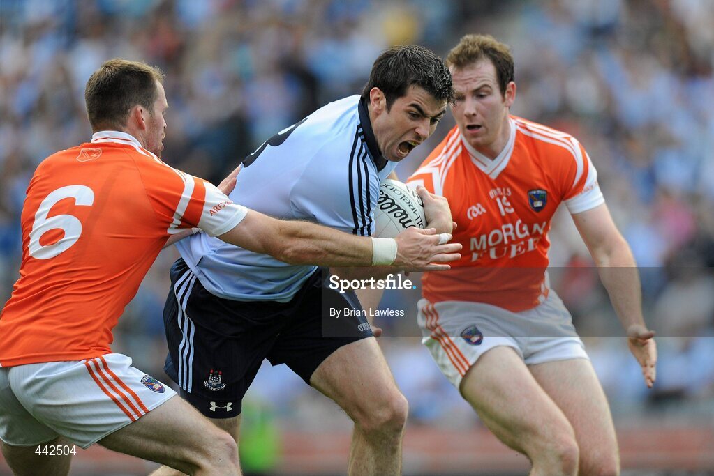 17 July 2010; Michael Darragh Mcauley, Dublin, in action against Ciaran McKeever and James Lavery, right, Armagh. GAA Football All-Ireland Senior Championship Qualifier Round 3, Dublin v Armagh, Croke Park, Dublin. Picture credit: Brian Lawless / SPORTSFILE