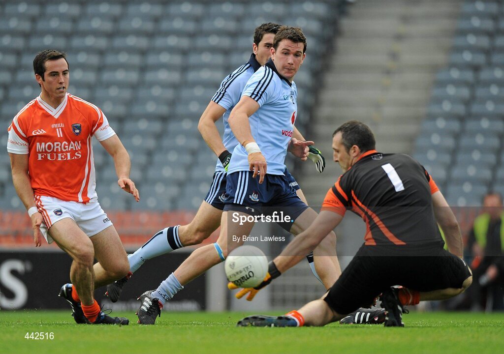 17 July 2010; Niall Corkery, Dublin, and Aaron Kernon, Armagh, right watches his shot go past Armagh goalkeeper Paul Hearty, before being cleared off the line. GAA Football All-Ireland Senior Championship Qualifier Round 3, Dublin v Armagh, Croke Park, Dublin. Picture credit: Brian Lawless / SPORTSFILE
