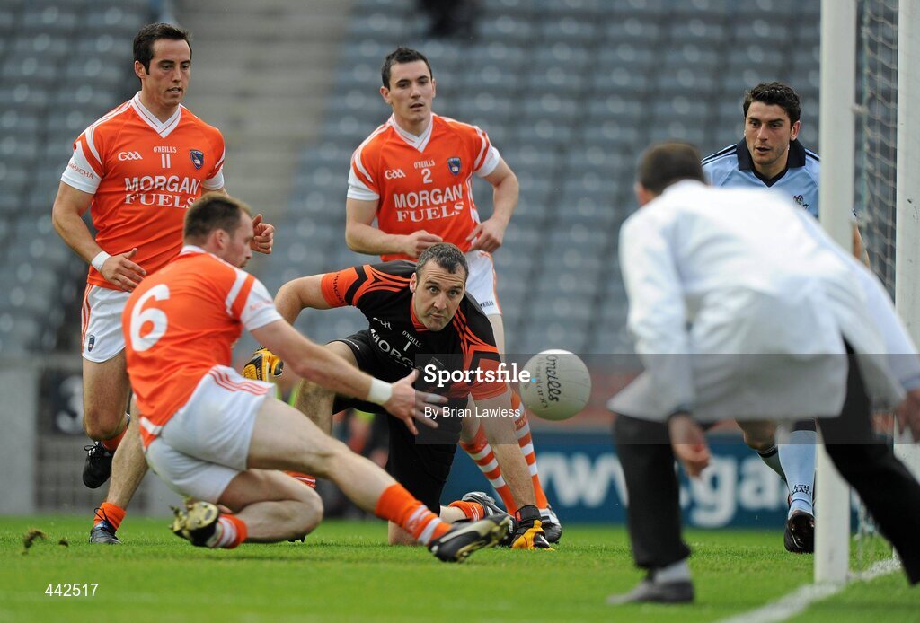 17 July 2010; Armagh goalkeeper Paul Hearty and team-mates Aaron Kernan, left, and Andy Mallon, watch as Ciaran McKeever prevents a goal. GAA Football All-Ireland Senior Championship Qualifier Round 3, Dublin v Armagh, Croke Park, Dublin. Picture credit: Brian Lawless / SPORTSFILE
