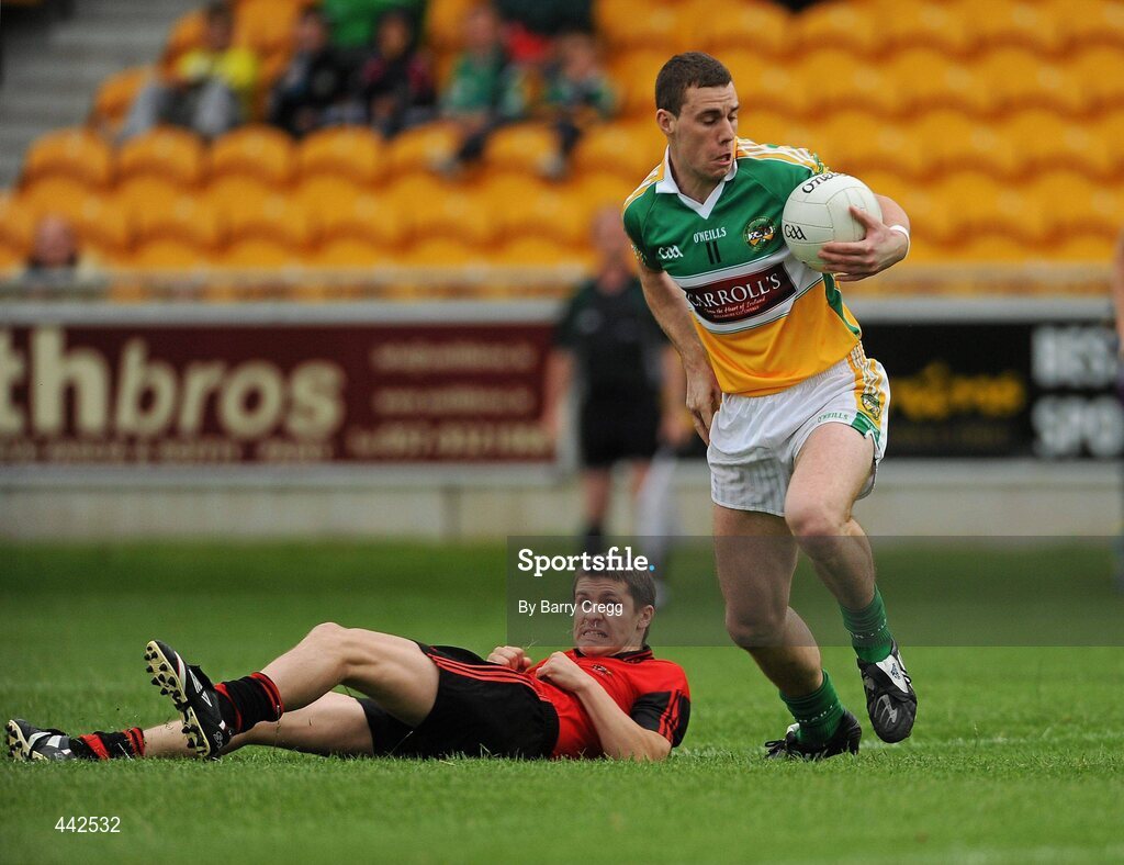 17 July 2010; Niall McNamee, Offaly, in action against Damian Rafferty, Down. GAA Football All-Ireland Senior Championship Qualifier Round 3, Down v Offaly, O'Connor Park, Tullamore, Co. Offaly. Picture credit: Barry Cregg / SPORTSFILE