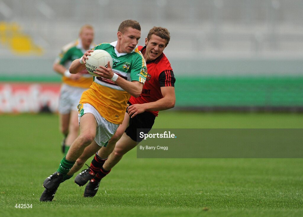 17 July 2010; Anton Sullivan, Offaly, in action against Darren O' Hagan, Down. GAA Football All-Ireland Senior Championship Qualifier Round 3, Down v Offaly, O'Connor Park, Tullamore, Co. Offaly. Picture credit: Barry Cregg / SPORTSFILE