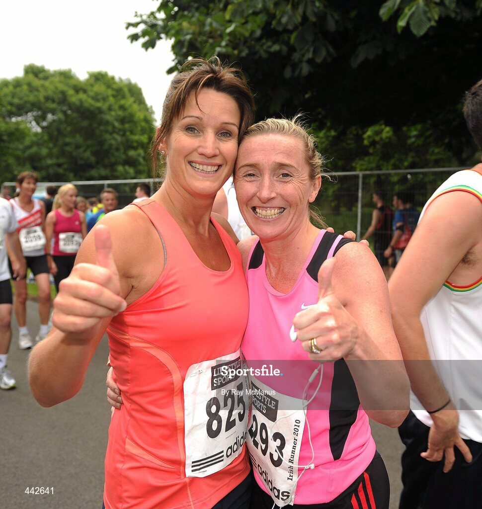 17 July 2010; Siobhan Cummins, and Martina Williams, from Ratoath, Co Meath, finishing the Lifestyle Sports - adidas Irish Runner 5 Mile Race. The Phoenix Park, Dublin. Picture credit: Ray McManus / SPORTSFILE
