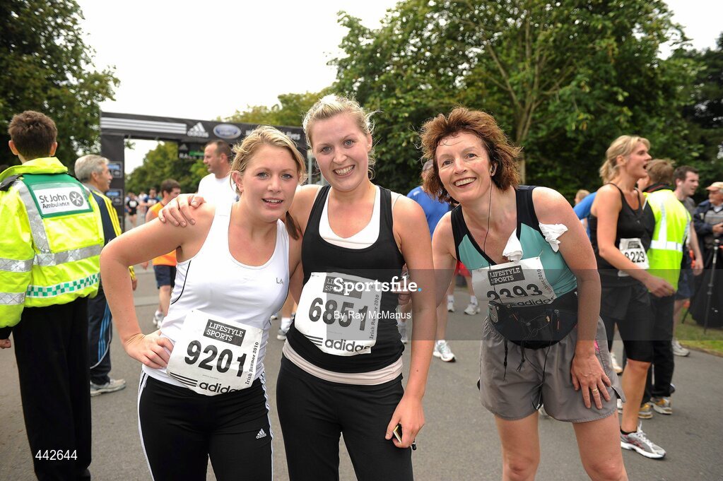 17 July 2010; Dara Hanahoe, left, Ballina, Co Mayo, Kathryn Ryan, from Inniscarra, Co Cork, and Caroline Fallon, Castleknock, Dublin, after finishing the Lifestyle Sports - adidas Irish Runner 5 Mile Race. The Phoenix Park, Dublin. Picture credit: Ray McManus / SPORTSFILE