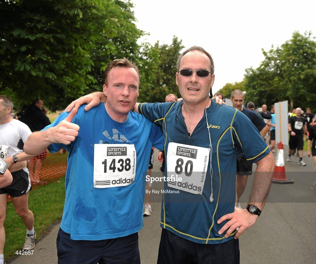 17 July 2010; Ronan Phillips, left, and St John O'Connor, from Kimmage, Dublin, after finishing the Lifestyle Sports - adidas Irish Runner 5 Mile Race. The Phoenix Park, Dublin. Picture credit: Ray McManus / SPORTSFILE
