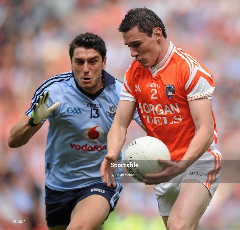 17 July 2010; Andy Mallon, Armagh, in action against Bernard Brogan, Dublin. GAA Football All-Ireland Senior Championship Qualifier Round 3, Dublin v Armagh, Croke Park, Dublin. Picture credit: David Maher / SPORTSFILE