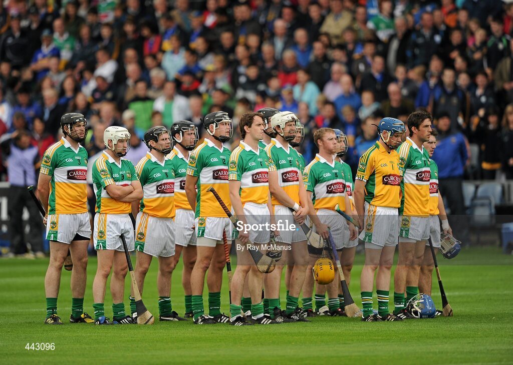 18 July 2010; The Offaly players stand for the National Anthem. GAA Hurling All-Ireland Senior Championship Phase 3, Tipperary v Offaly, O'Moore Park, Portlaoise, Co. Laois. Picture credit: Ray McManus / SPORTSFILE