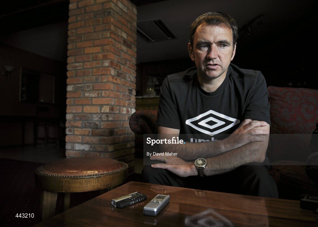 19 July 2010; Bohemians manager Pat Fenlon speaking to members of the press ahead of their UEFA Champions League First Qualifying Round 2nd Leg game against The New Saints FC on Tuesday. Lion Keys Hotel, Oswestry, Wales. Picture credit: David Maher / SPORTSFILE