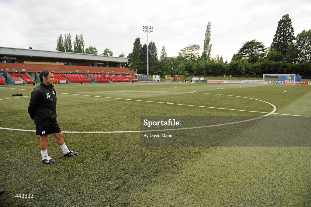 19 July 2010; Bohemians manager Pat Fenlon inspects the artificial pitch before the start of squad training ahead of their UEFA Champions League First Qualifying Round, 2nd Leg, game against The New Saints FC on Tuesday. Park Hall Stadium, Oswestry, Wales. Picture credit: David Maher / SPORTSFILE