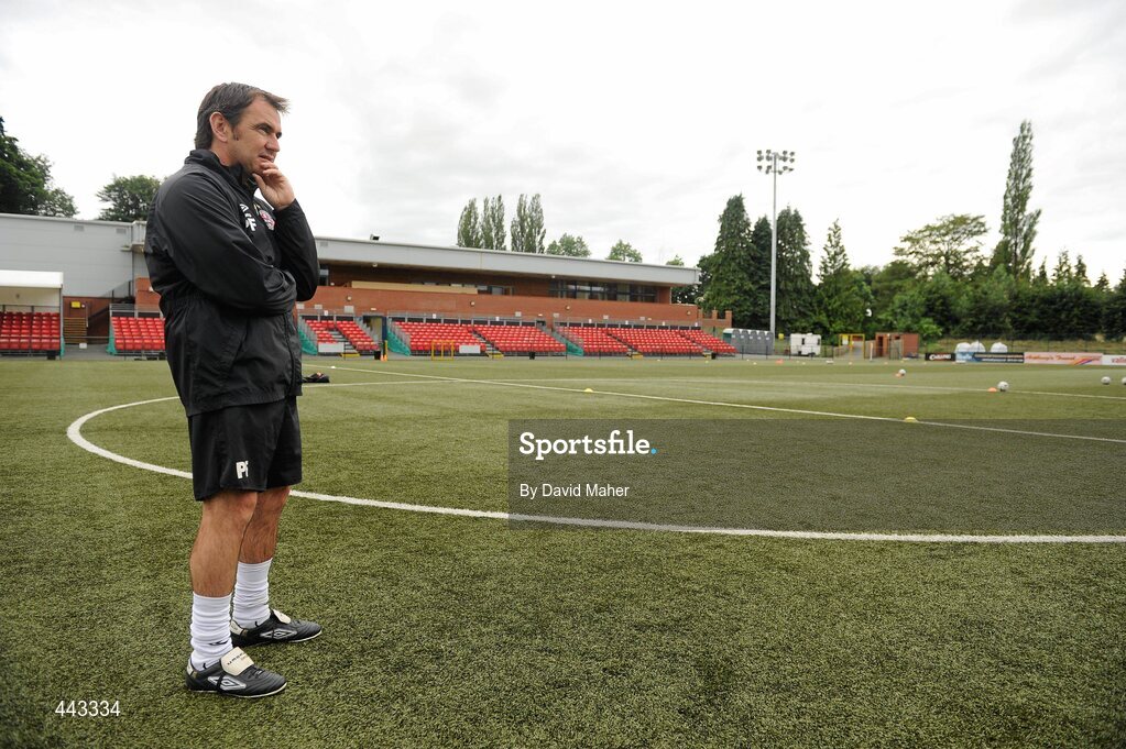 19 July 2010; Bohemians manager Pat Fenlon inspects the artificial pitch before the start of squad training ahead of their UEFA Champions League First Qualifying Round, 2nd Leg, game against The New Saints FC on Tuesday. Park Hall Stadium, Oswestry, Wales. Picture credit: David Maher / SPORTSFILE
