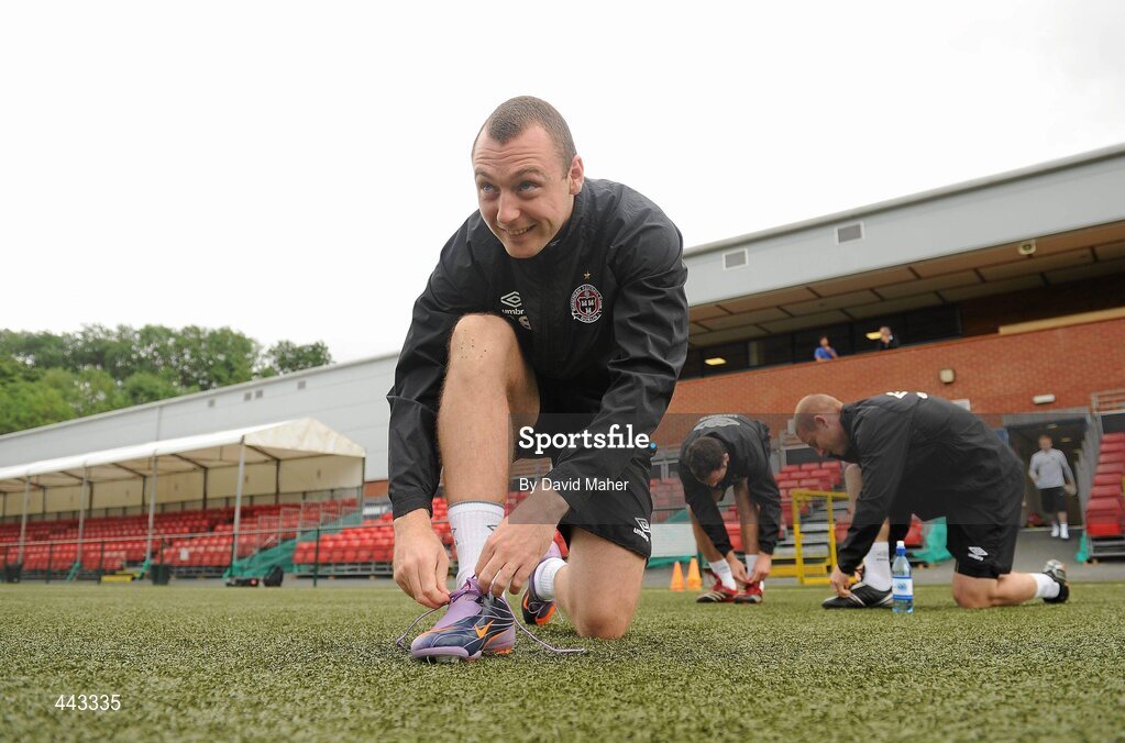 19 July 2010; Bohemians' Mark Quigley ties his boots before the start of squad training ahead of their UEFA Champions League First Qualifying Round 2nd Leg game against The New Saints FC on Tuesday. Park Hall Stadium, Oswestry, Wales. Picture credit: David Maher / SPORTSFILE