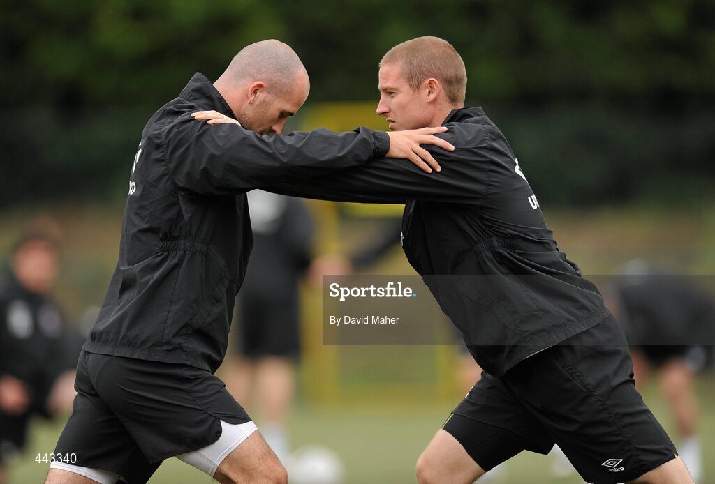 19 July 2010; Bohemians' Paul Keegan, left, stretches with team-mate Glenn Cronin during squad training ahead of their UEFA Champions League First Qualifying Round, 2nd Leg, game against The New Saints FC on Tuesday. Park Hall Stadium, Oswestry, Wales. Picture credit: David Maher / SPORTSFILE