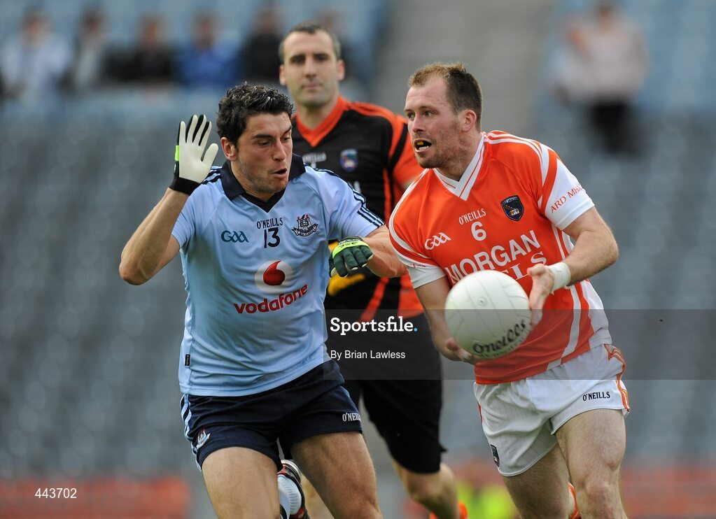 17 July 2010; Ciaran McKeever, Armagh, in action against Bernard Brogan, Dublin. GAA Football All-Ireland Senior Championship Qualifier Round 3, Dublin v Armagh, Croke Park, Dublin. Picture credit: Brian Lawless / SPORTSFILE