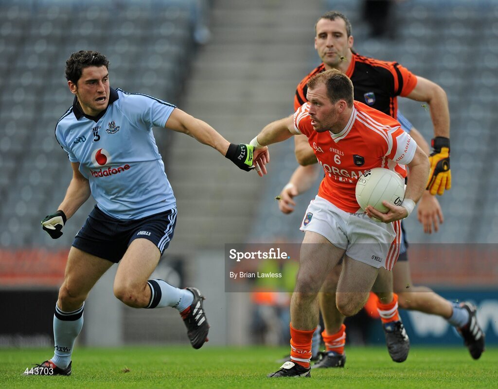 17 July 2010; Ciaran McKeever, Armagh, in action against Bernard Brogan, Dublin. GAA Football All-Ireland Senior Championship Qualifier Round 3, Dublin v Armagh, Croke Park, Dublin. Picture credit: Brian Lawless / SPORTSFILE