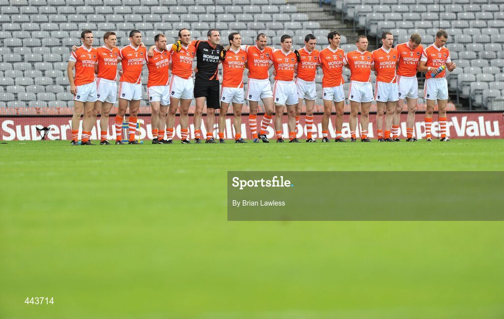 17 July 2010; The Armagh team stand for the National Anthem. GAA Football All-Ireland Senior Championship Qualifier Round 3, Dublin v Armagh, Croke Park, Dublin. Picture credit: Brian Lawless / SPORTSFILE