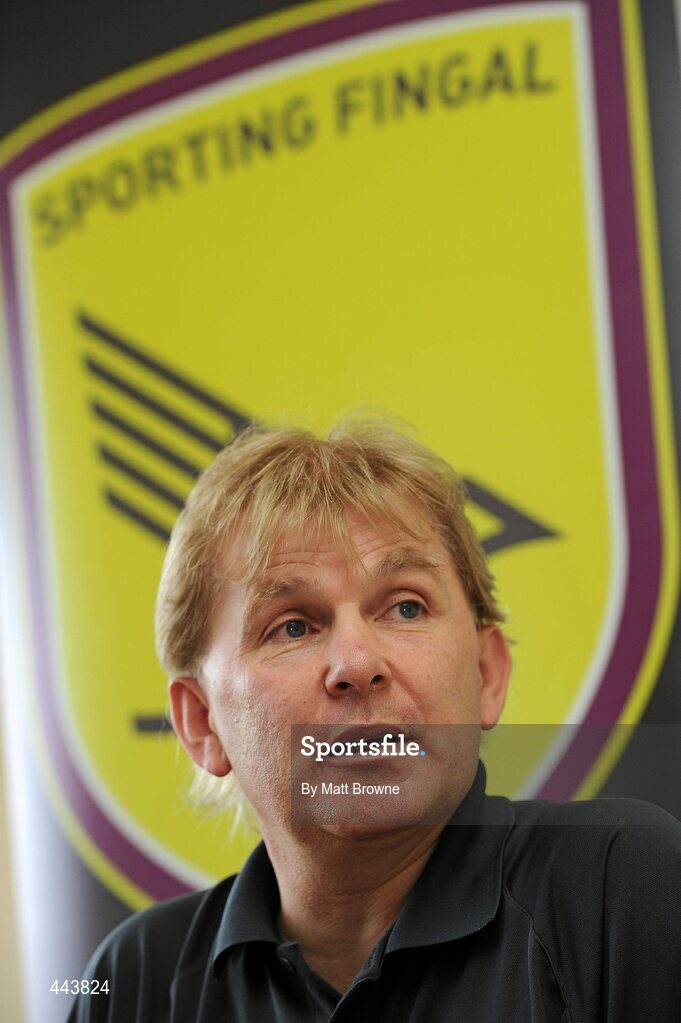 21 July 2010; Sporting Fingal manager Liam Buckley speaking during a press conference ahead of their UEFA Europa League Second Qualifying Round, Second Leg, game against CS Marítimo at Dalymount Park on Thursday. Sporting Fingal Press Conference, ALSAA club, Santry, Dublin. Picture credit: Matt Browne / SPORTSFILE