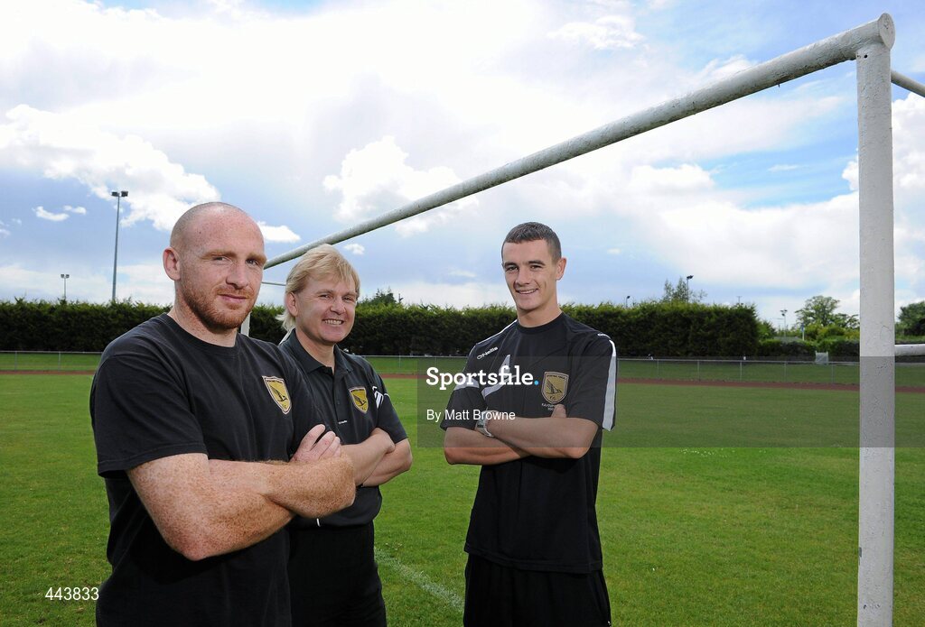 21 July 2010; Sporting Fingal manager Liam Buckley, centre, with Glen Crowe, left, and team captain Shaun Williams after a press conference ahead of their UEFA Europa League Second Qualifying Round, Second Leg, game against CS Marítimo at Dalymount Park on Thursday. Sporting Fingal Press Conference, ALSAA club, Santry, Dublin. Picture credit: Matt Browne / SPORTSFILE